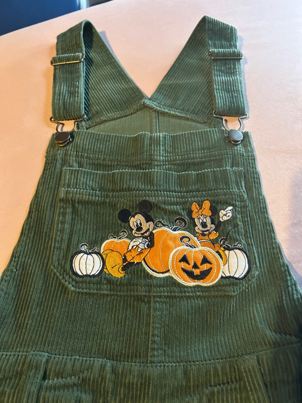 Green Corduroy Short Overalls with Disney Halloween Embroidery - Picture 5 of 9